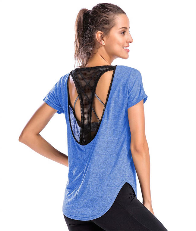 Womens Workout Tops Loose Fit Yoga Shirts Mesh Open Back Short Sleeves Activerwear